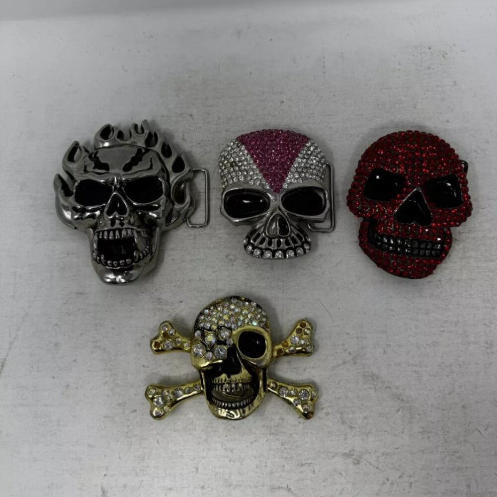 Skull Belt Buckle Lot Of (3) Chrome Skull, Gold, Pink & Silver [Red Skull SOLD]